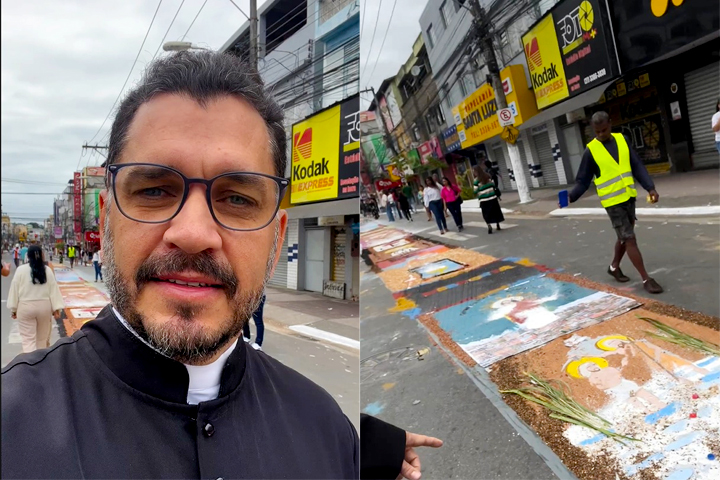 padre-mostra-estragos-apos-veiculo-invadir-rua-bloqueada-e-destruir-tapetes-de-corpus-christi
